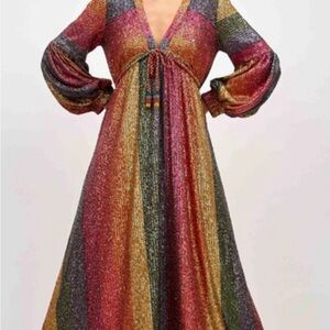 Farm Rio Stunning Rainbow Sequin Midi Dress Size Extra Small